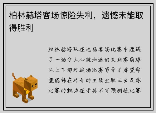 柏林赫塔客场惊险失利，遗憾未能取得胜利